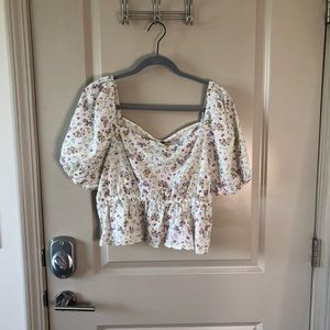 Puff Sleeve Eyelet Square Neck Peplum Top